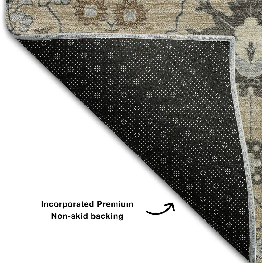 8' Taupe Gray And Brown Oriental Washable Round Rug With UV Protection Photo 5