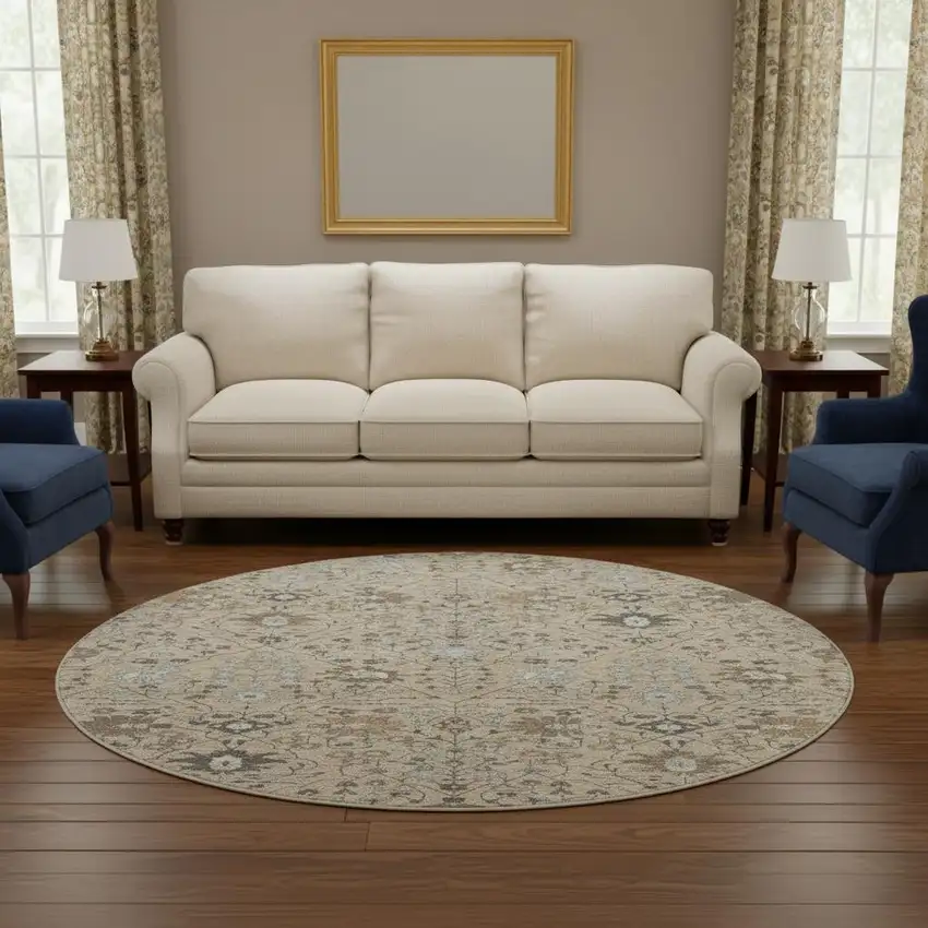 8' Taupe Gray And Brown Oriental Washable Round Rug With UV Protection Photo 2