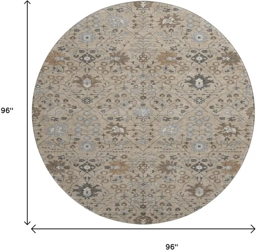 8' Taupe Gray And Brown Oriental Washable Round Rug With UV Protection Photo 9