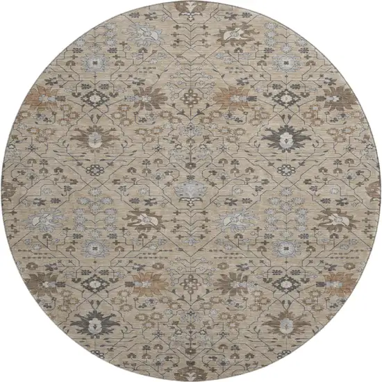 8' Taupe Gray And Brown Oriental Washable Round Rug With UV Protection Photo 1