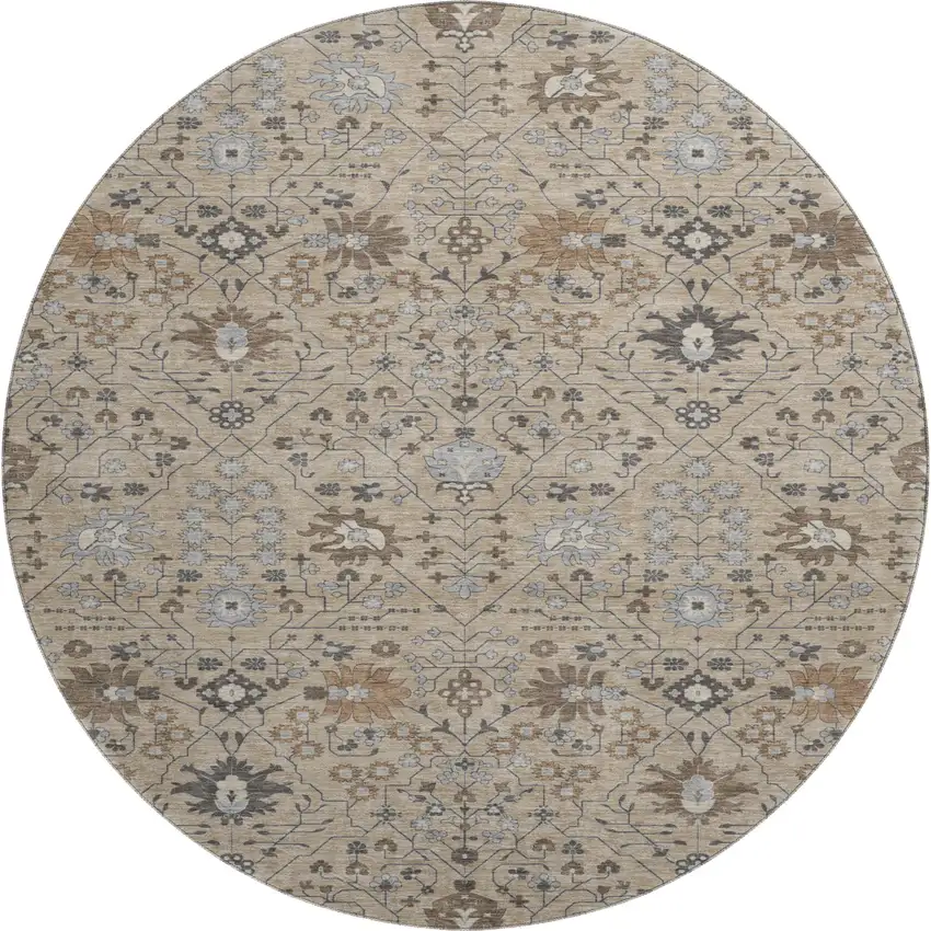 8' Taupe Gray And Brown Oriental Washable Round Rug With UV Protection Photo 1