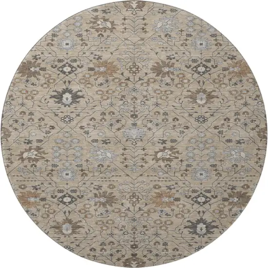 8' Taupe Gray And Brown Oriental Washable Round Rug With UV Protection Photo 3