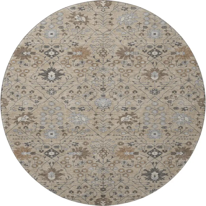 8' Taupe Gray And Brown Oriental Washable Round Rug With UV Protection Photo 3