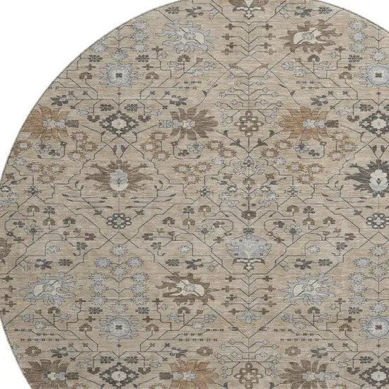 8' Taupe Gray And Brown Oriental Washable Round Rug With UV Protection Photo 2