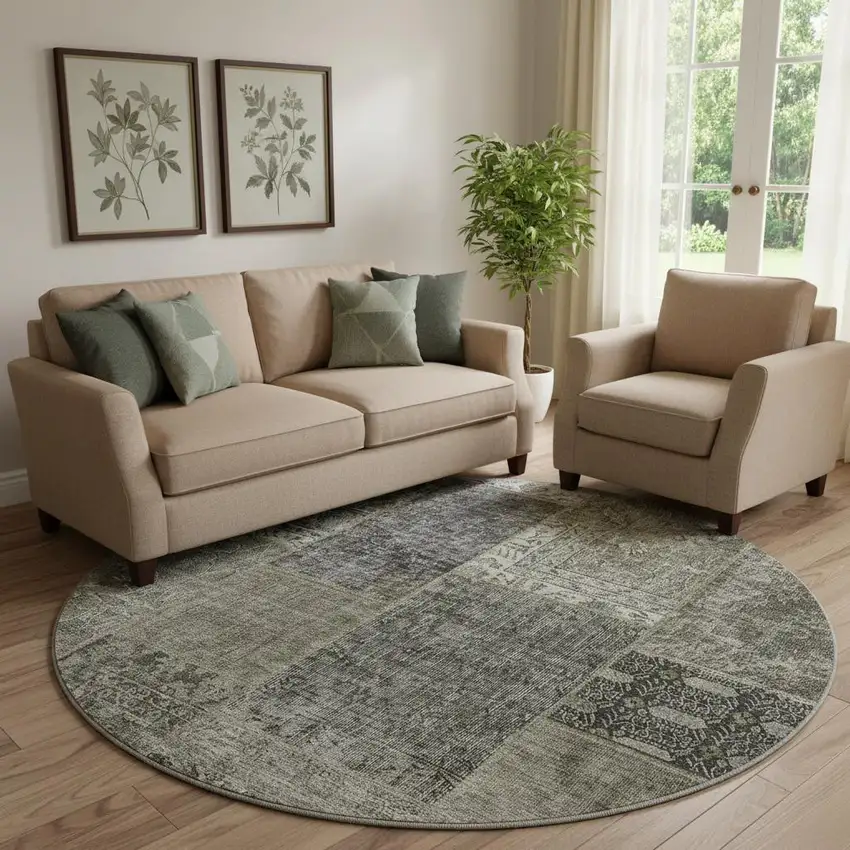 8' Taupe Gray And Brown Patchwork Washable Round Rug With UV Protection Photo 1
