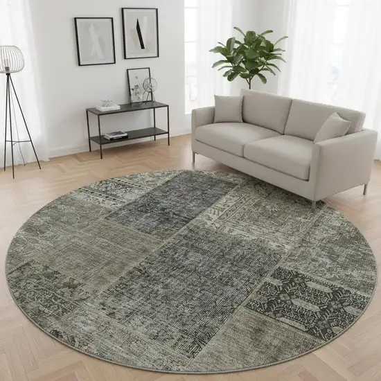 8' Taupe Gray And Brown Patchwork Washable Round Rug With UV Protection Photo 2