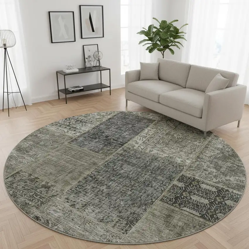 8' Taupe Gray And Brown Patchwork Washable Round Rug With UV Protection Photo 2