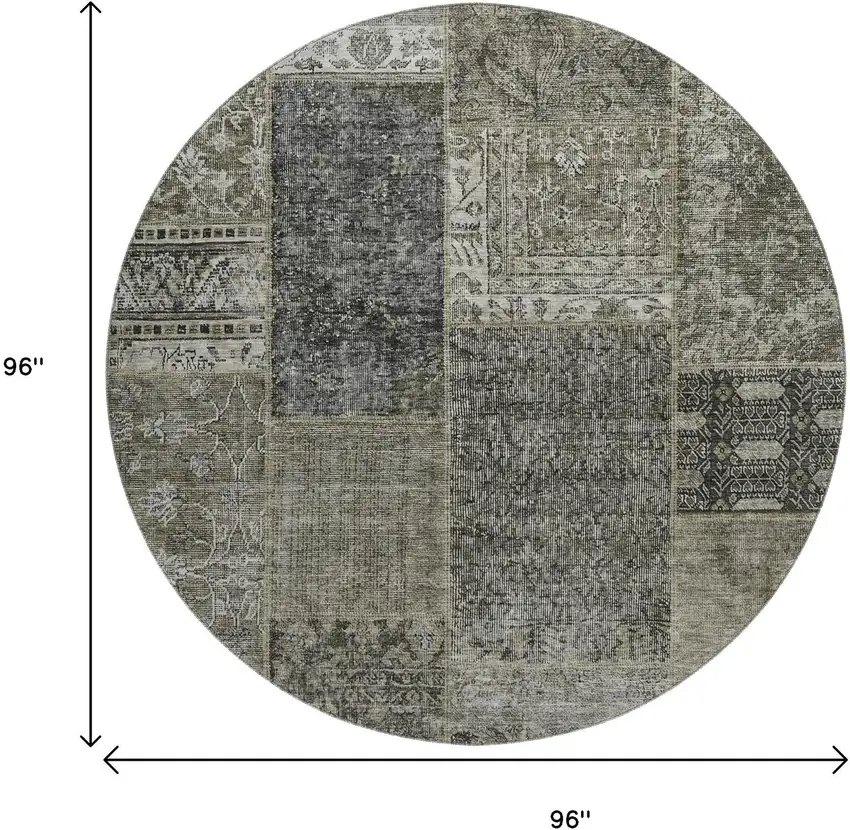 8' Taupe Gray And Brown Patchwork Washable Round Rug With UV Protection Photo 3