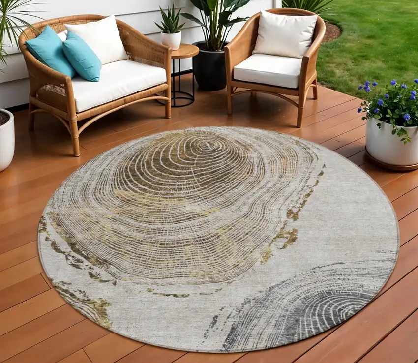 8' Taupe Gray And Brown Round Abstract Washable Indoor Outdoor Area Rug Photo 1