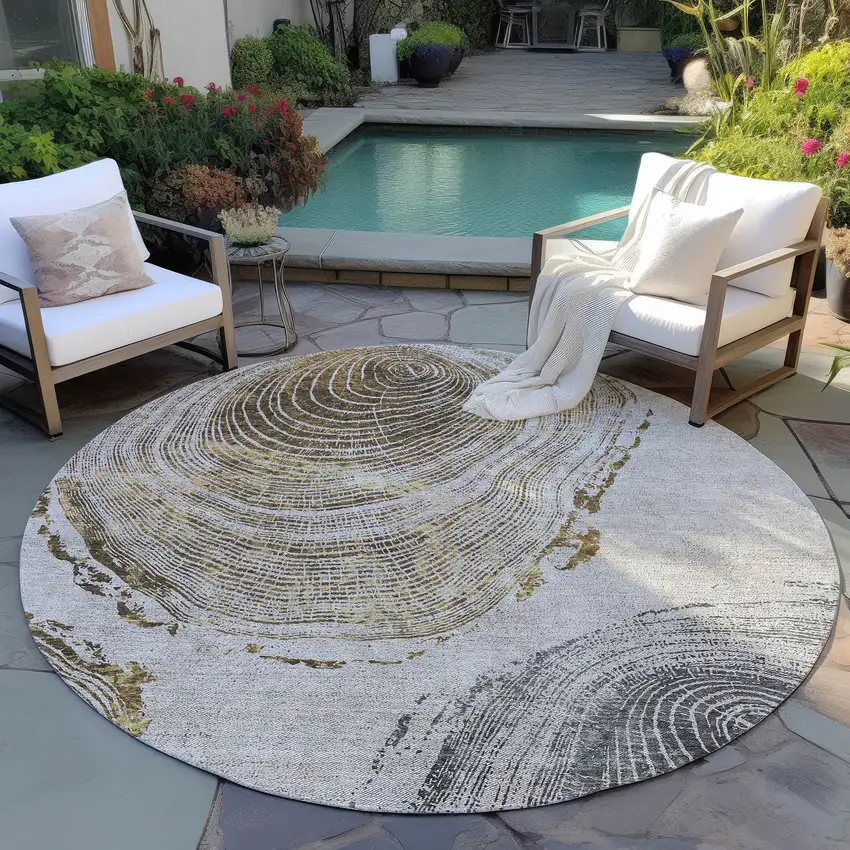 8' Taupe Gray And Brown Round Abstract Washable Indoor Outdoor Area Rug Photo 7