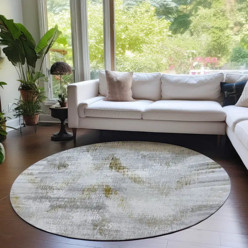 8' Taupe Gray And Brown Round Abstract Washable Indoor Outdoor Area Rug Photo 7