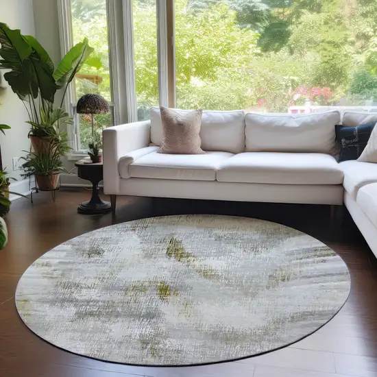 8' Taupe Gray And Brown Round Abstract Washable Indoor Outdoor Area Rug Photo 7