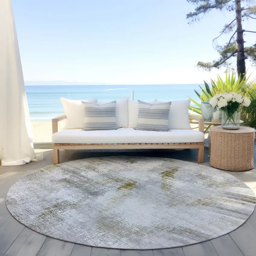 8' Taupe Gray And Brown Round Abstract Washable Indoor Outdoor Area Rug Photo 6