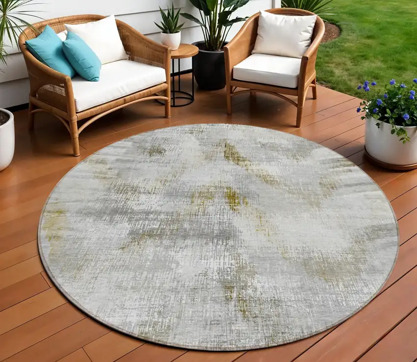 8' Taupe Gray And Brown Round Abstract Washable Indoor Outdoor Area Rug Photo 1