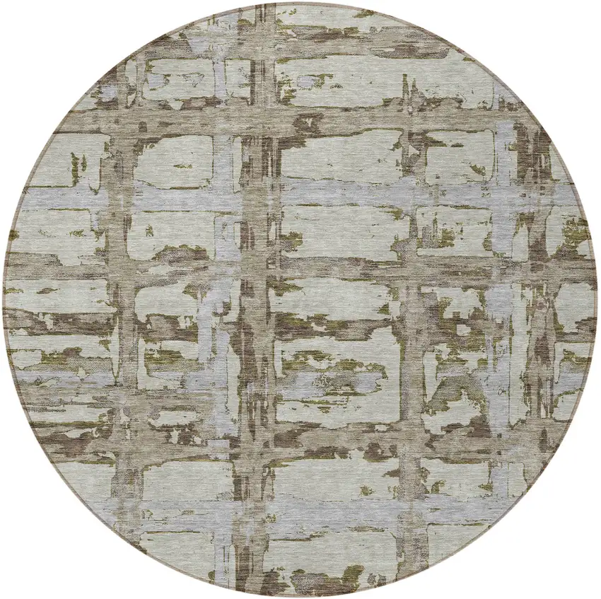 8' Taupe Gray And Brown Round Striped Washable Indoor Outdoor Area Rug Photo 5