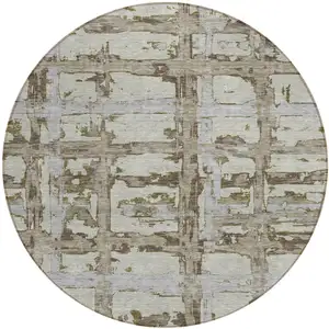 Photo of 8' Taupe Gray And Brown Round Striped Washable Indoor Outdoor Area Rug