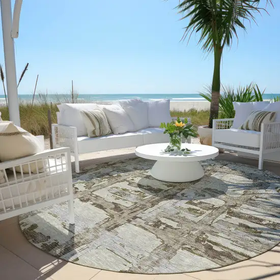 8' Taupe Gray And Brown Round Striped Washable Indoor Outdoor Area Rug Photo 6
