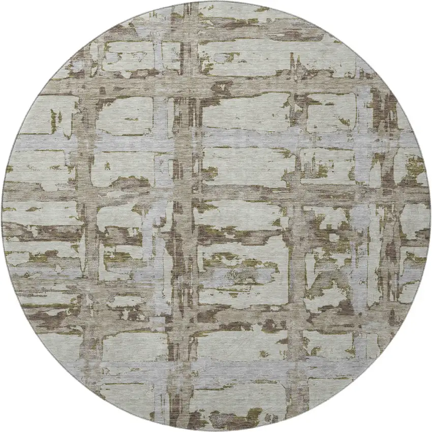 8' Taupe Gray And Brown Striped Washable Round Rug With UV Protection Photo 3
