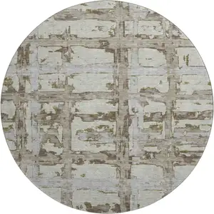 Photo of 8' Taupe Gray And Brown Striped Washable Round Rug With UV Protection