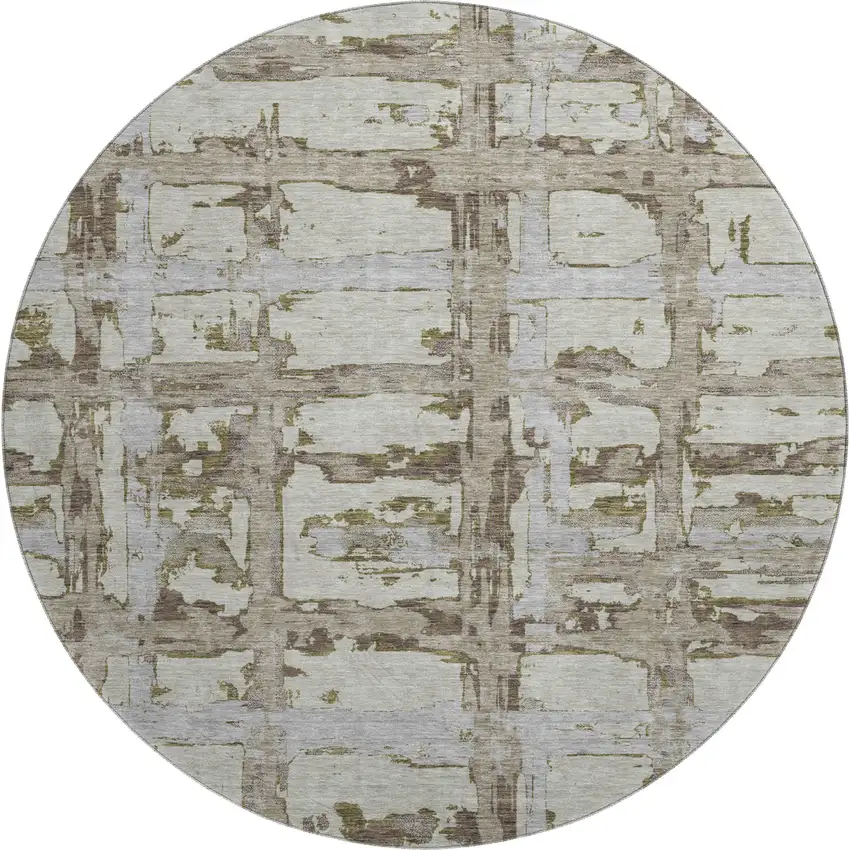 8' Taupe Gray And Brown Striped Washable Round Rug With UV Protection Photo 1