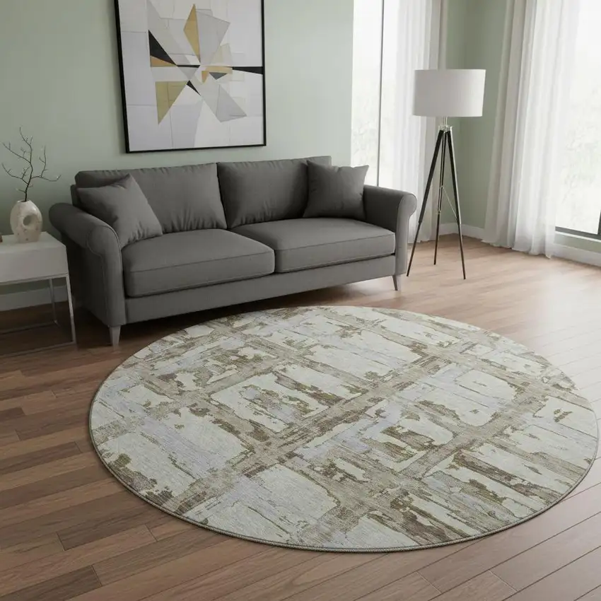 8' Taupe Gray And Brown Striped Washable Round Rug With UV Protection Photo 2