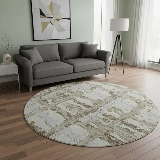 8' Taupe Gray And Brown Striped Washable Round Rug With UV Protection Photo 2