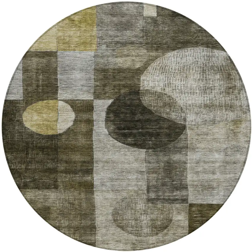 8' Taupe Gray And Charcoal Round Geometric Washable Indoor Outdoor Area Rug Photo 2