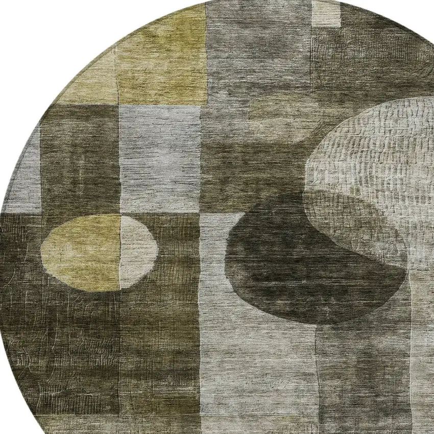 8' Taupe Gray And Charcoal Round Geometric Washable Indoor Outdoor Area Rug Photo 5