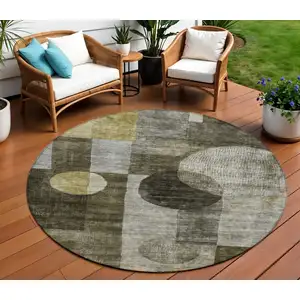 Photo of 8' Taupe Gray And Charcoal Round Geometric Washable Indoor Outdoor Area Rug