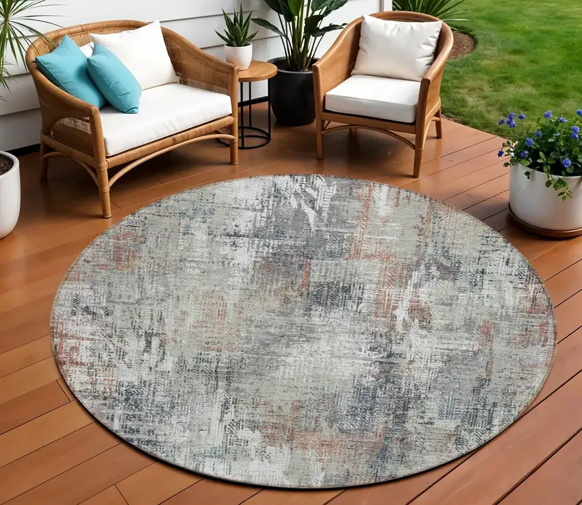 8' Taupe Gray And Copper Round Abstract Washable Indoor Outdoor Area Rug Photo 1