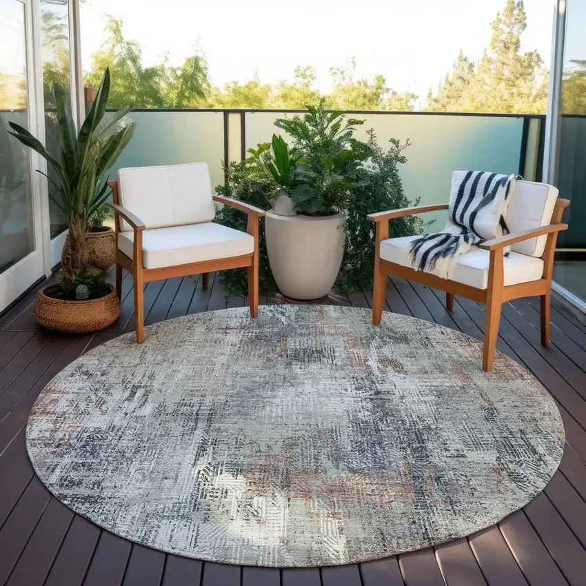 8' Taupe Gray And Copper Round Abstract Washable Indoor Outdoor Area Rug Photo 7