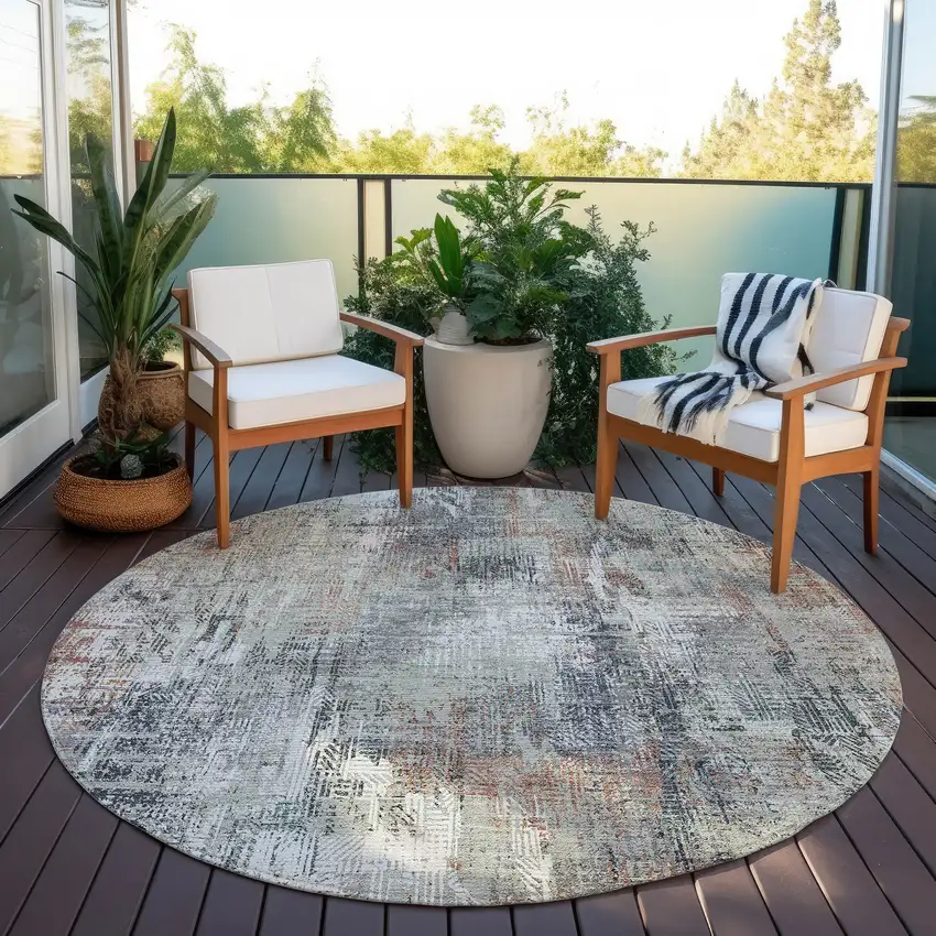 8' Taupe Gray And Copper Round Abstract Washable Indoor Outdoor Area Rug Photo 7