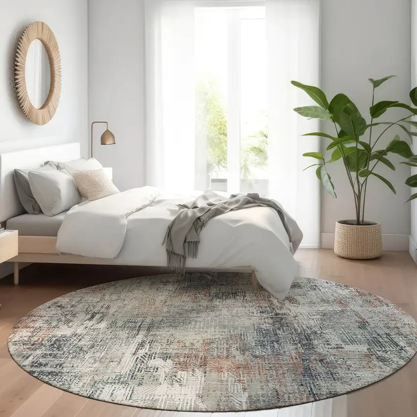 8' Taupe Gray And Copper Round Abstract Washable Indoor Outdoor Area Rug Photo 8