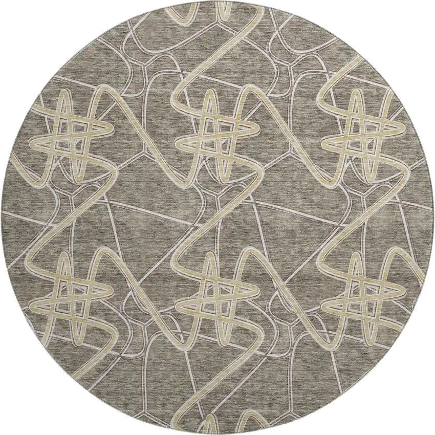 8' Taupe Gray And Gold Geometric Washable Round Rug With UV Protection Photo 1