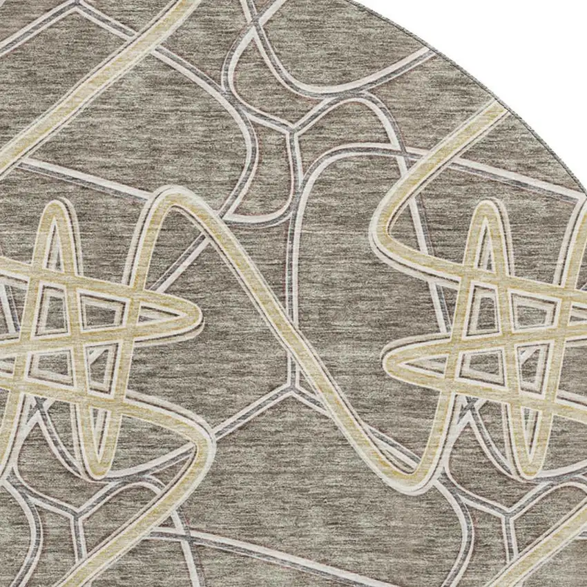 8' Taupe Gray And Gold Geometric Washable Round Rug With UV Protection Photo 2