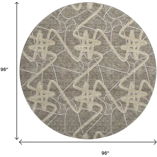 8' Taupe Gray And Gold Geometric Washable Round Rug With UV Protection Photo 9