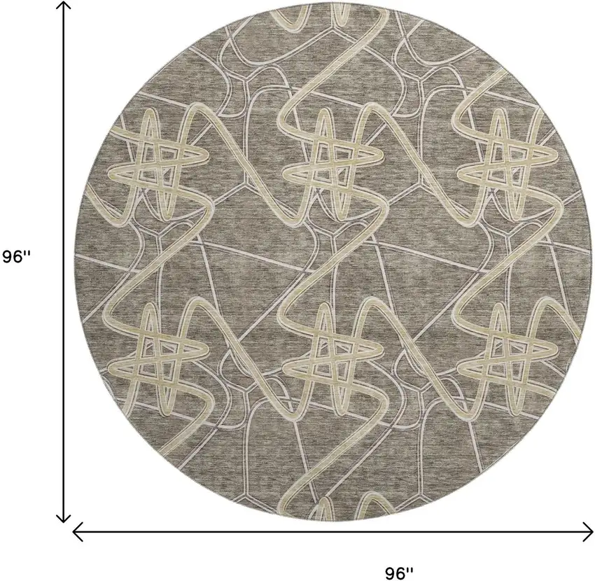 8' Taupe Gray And Gold Geometric Washable Round Rug With UV Protection Photo 9