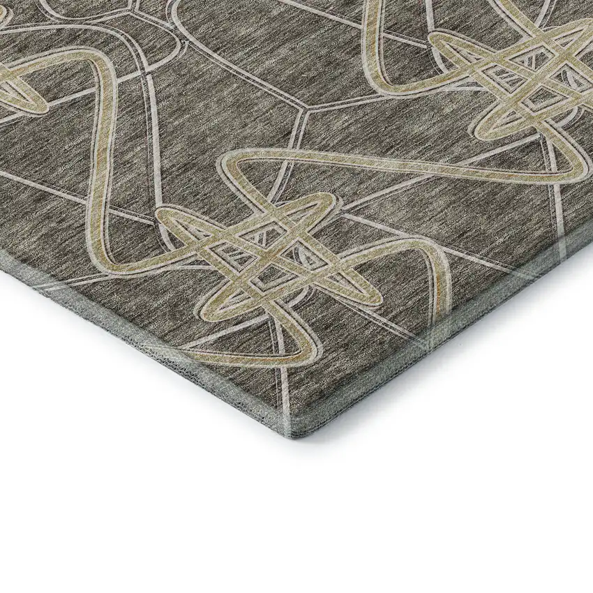 8' Taupe Gray And Gold Geometric Washable Round Rug With UV Protection Photo 6