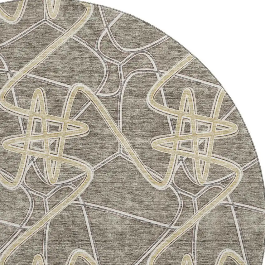8' Taupe Gray And Gold Geometric Washable Round Rug With UV Protection Photo 3