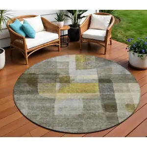 Photo of 8' Taupe Gray And Green Round Abstract Washable Indoor Outdoor Area Rug