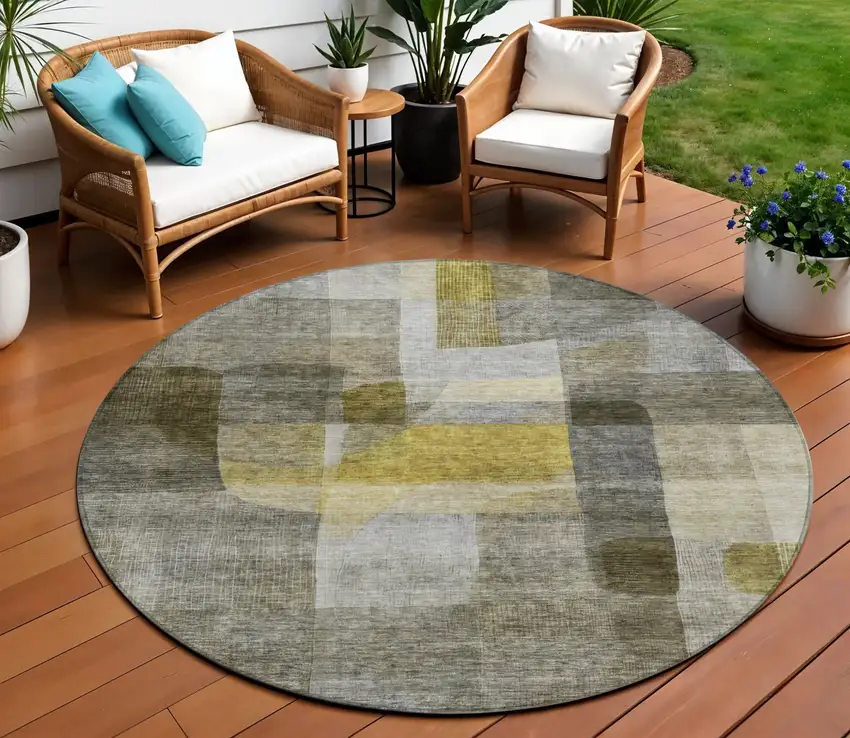 8' Taupe Gray And Green Round Abstract Washable Indoor Outdoor Area Rug Photo 1