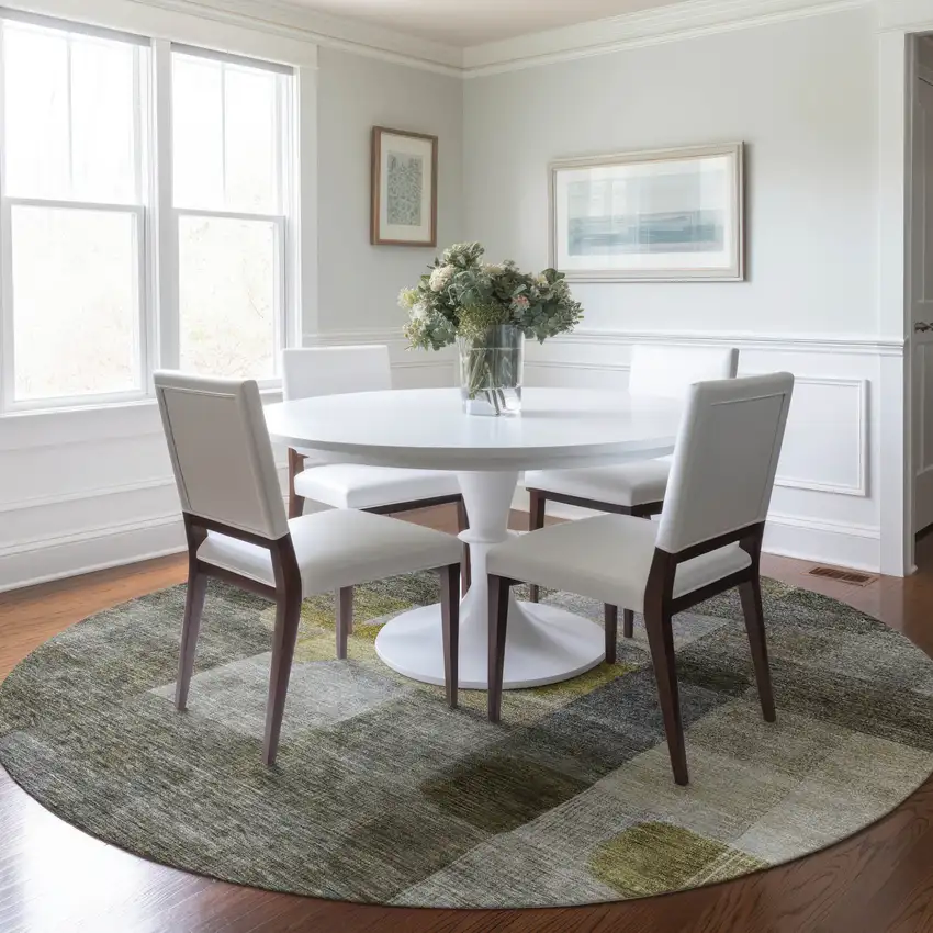 8' Taupe Gray And Green Round Abstract Washable Indoor Outdoor Area Rug Photo 8