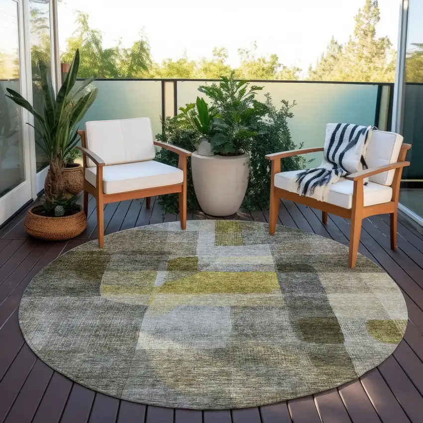 8' Taupe Gray And Green Round Abstract Washable Indoor Outdoor Area Rug Photo 7
