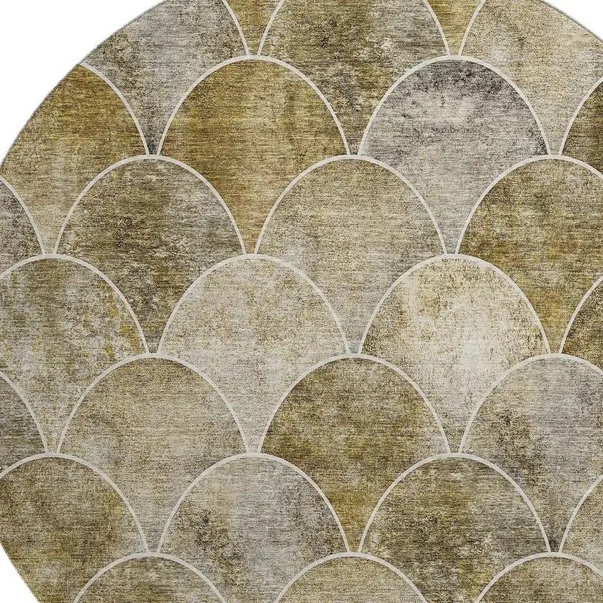 8' Taupe Gray And Ivory Abstract Geometric Washable Round Rug With UV Protection Photo 6