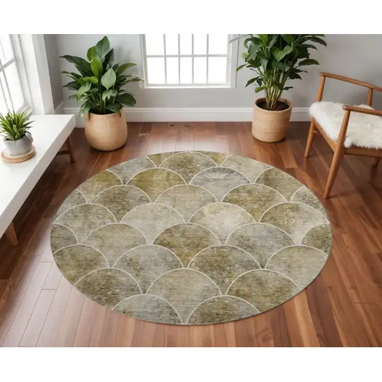 8' Taupe Gray And Ivory Abstract Geometric Washable Round Rug With UV Protection Photo 2