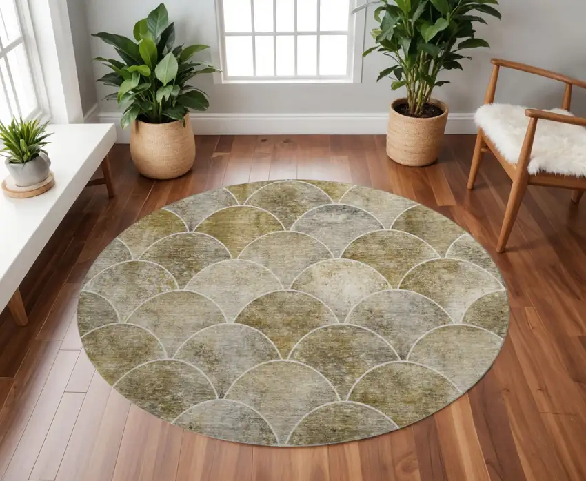 8' Taupe Gray And Ivory Abstract Geometric Washable Round Rug With UV Protection Photo 2