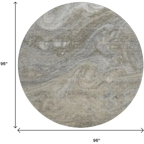 8' Taupe Gray And Ivory Abstract Washable Round Rug With UV Protection Photo 9