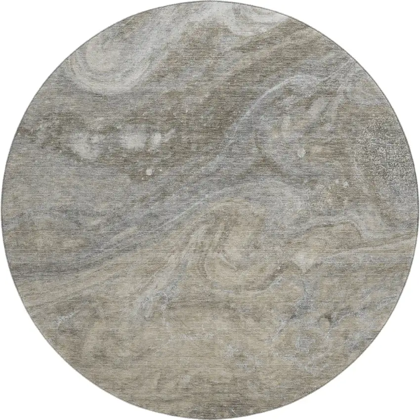 8' Taupe Gray And Ivory Abstract Washable Round Rug With UV Protection Photo 1