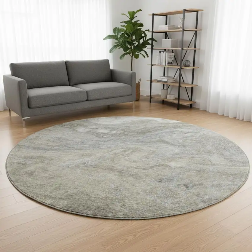 8' Taupe Gray And Ivory Abstract Washable Round Rug With UV Protection Photo 2