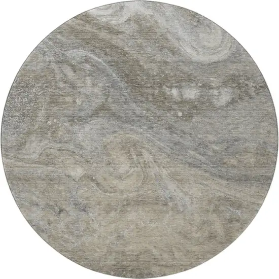 8' Taupe Gray And Ivory Abstract Washable Round Rug With UV Protection Photo 4